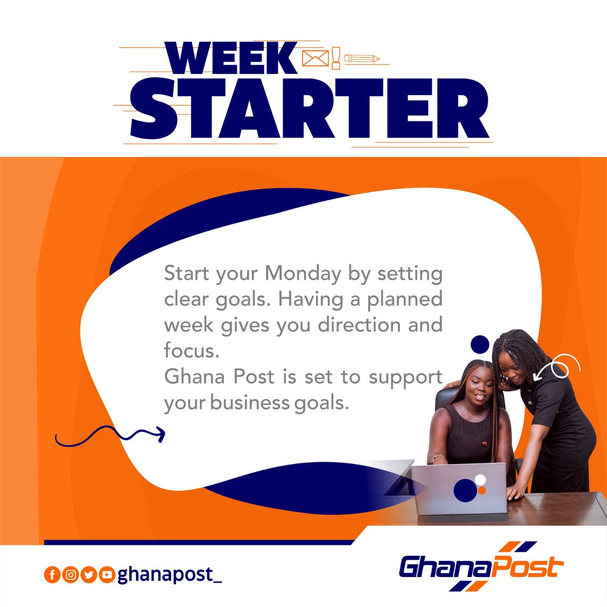 ghanapost_'s tweet photo. Start your Monday by setting clear goals. Having a planned week gives you direction and focus.
Ghana Post is set to support your business goals.
#WeekStarter
#GhanaPost
#SecuredSmartDelivery https://t.co/CwhJEHsJcJ
