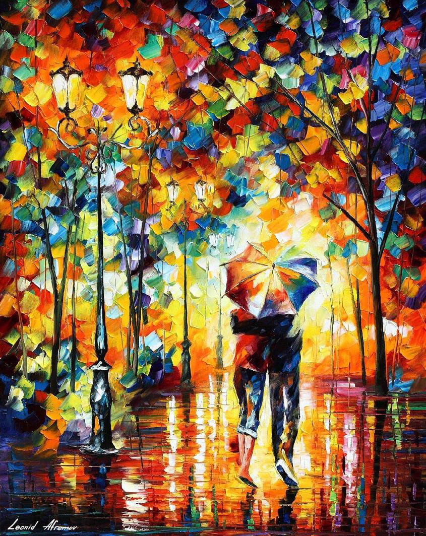 COUPLE UNDER ONE UMBRELLA - Large-Size Original Oil Painting ON CANVAS by Leonid Afremov (not mixed-media, print, or recreation artwork). 100% unique hand-painted painting. Today's price is $99 including shipping. COA provided afremov.com/couple-under-o…