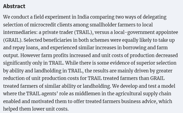 Forthcoming article by @maits225 Sandip Mitra, Dilip Mookherjee and Sujata Visaria 'Decentralized Targeting of Agricultural Credit Programs: Private versus Political Intermediaries' @EEANews @OUPEconomics doi.org/10.1093/jeea/j…