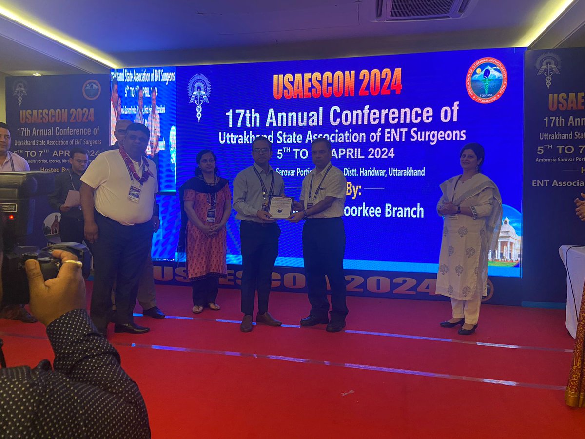 Dr. Abhishek Bhardwaj @aiimsrishi received 'Best Junior Consultant Paper Award' for paper on Robotic Thyroidectomy, in the Annual State ENT Conference, USAESCON 2024. @MoHFW_INDIA @meenusingh4