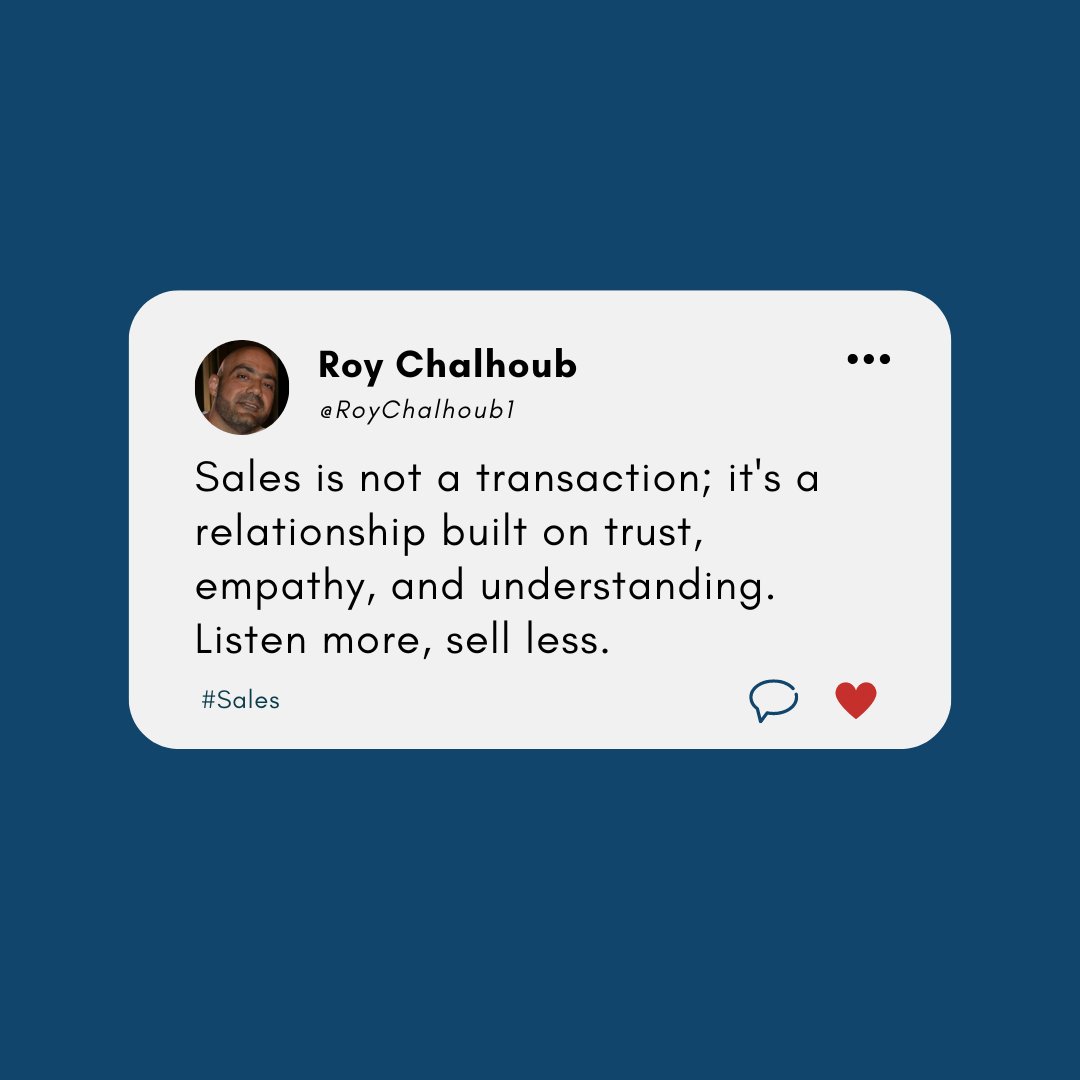 RoyChalhoub1's tweet image. Ever felt like sales was all about closing deals? I used to too, until I realized it's so much more: it's about forging genuine connections. 💡

#SalesWisdom #EmpathyFirst #ListenToSucceed