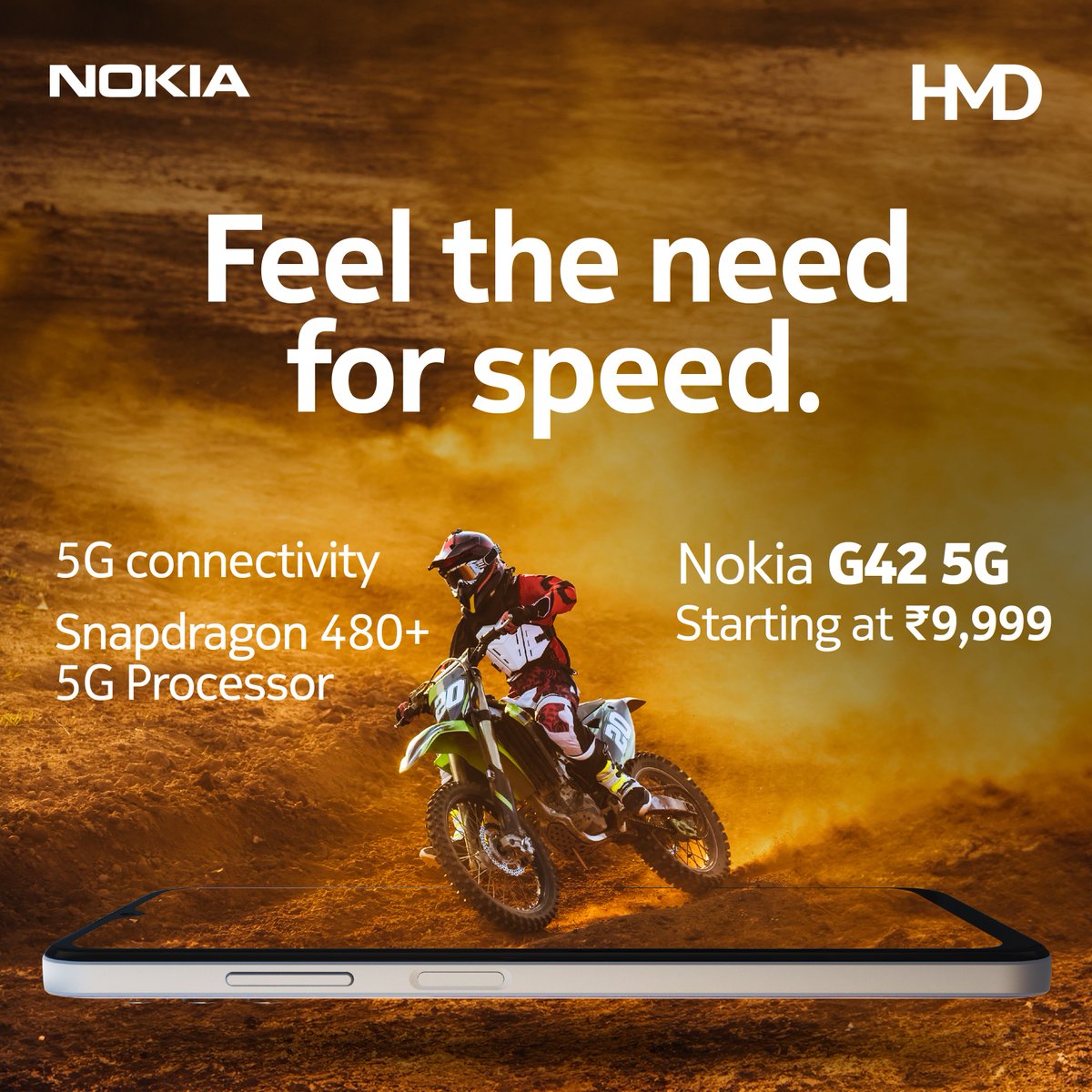 Make high-speed your style with the Nokia G42 5G and its Snapdragon 480+ 5G Processor. Order now from our website hmd.com at a starting price of just ₹9,999. #NokiaG42_5G #MoveFast