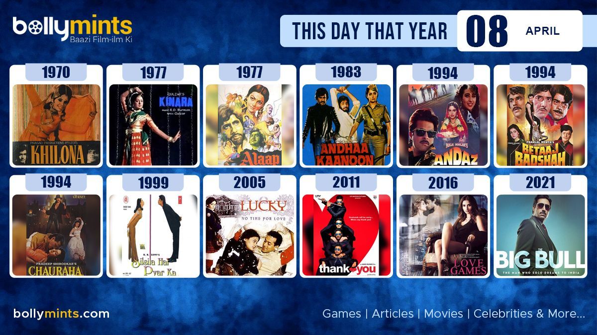 BollyMints's tweet photo. Here are the few #BollywoodMovies released on this day. Stay tuned at https://t.co/ohKmuyq9N0 for more #updates #ThisDayThatYear #8April #Khilona #Kinara #Alaap #AndhaaKaanoon #Andaz #BetaajBadshah #Chauraha #SilsilaHaiPyarKa #Lucky #ThankYou #LoveGames #TheBigBull https://t.co/Y2f1tBWI3J