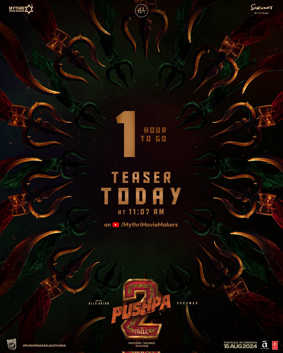 Get ready to whistle in exhilaration, shout in excitement and feel the goosebumps ❤‍🔥 #Pushpa2TheRuleTeaser out today at 11:07 AM. ONE HOUR TO GO 💥💥 Subscribe and stay tuned to youtube.com/@MythriMovieMa… ❤‍🔥 #PushpaMassJaathara #Pushpa2TheRule Grand Release Worldwide on…