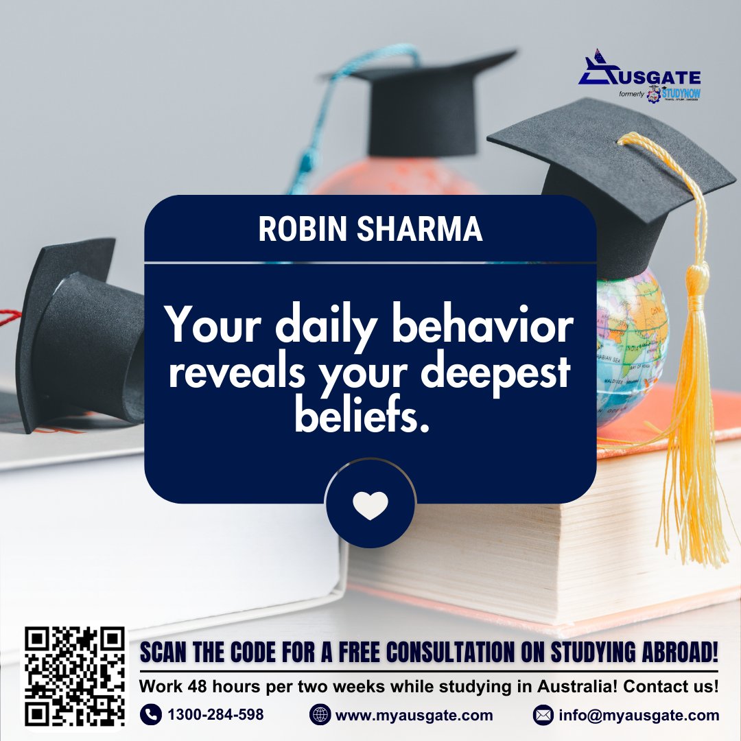 How you act determines your beliefs. 

#StudyInAustralia #AustralianEducation #StudyAbroadExpert #AustralianVisa #StudentVISA #InternationalStudents #StudyAbroadConsultants