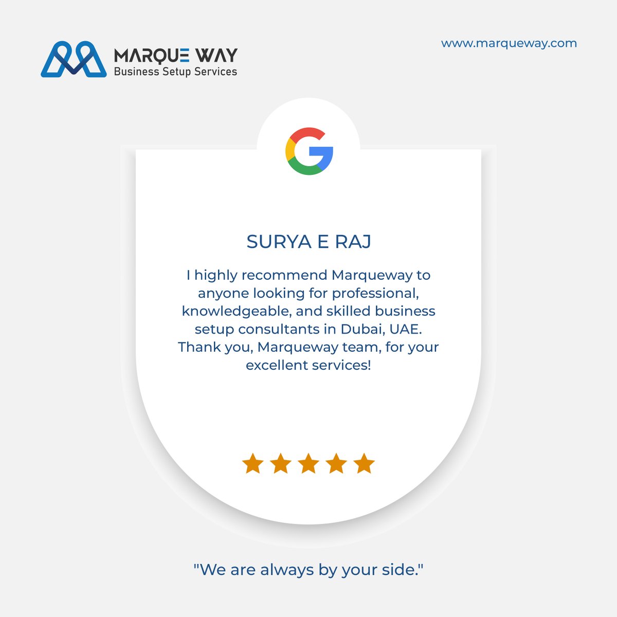 Thank you Mrs. Surya for your kind words. We will do our best to keep on delivering top-notch business setup services in Dubai.

#Marqueway #review #customerfeedback #customerservice #happyclients #googlereview #positivewords #response #happycustomer #companyformationuae