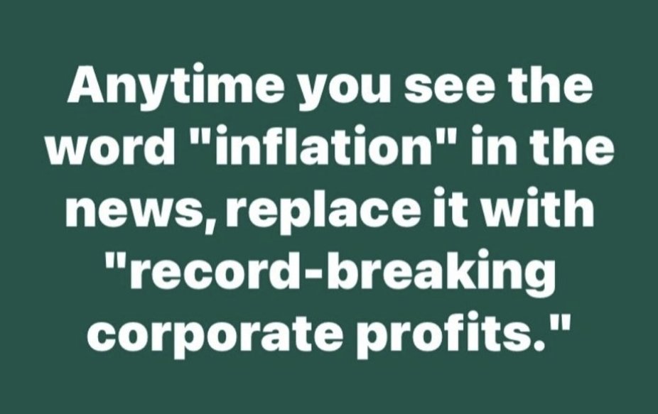 Anytime you see the word 'inflation' in the news, replace it with 'record-breaking profits.' Elect candidates who will establish an annual tax on the extreme wealth of the top 0.1 percent of US households with a net worth of over $32 million. Teach our children that greed is bad.