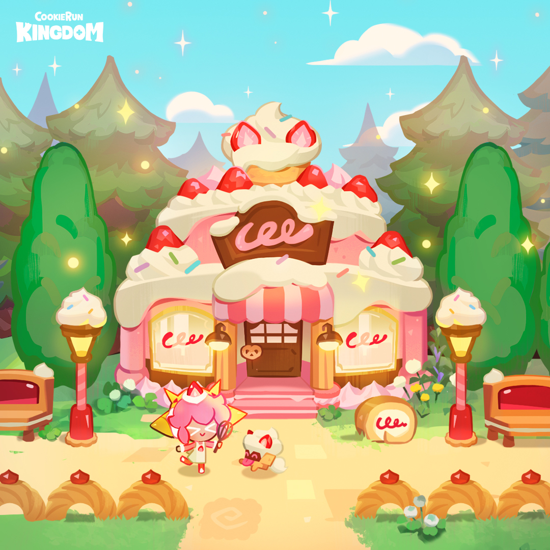 Come on into Strawberry Crepe Cookie's Cake Shop! 🎂 Check out all the sweetness💕 that awaits in the upcoming update! 🗲 Spiky Tornado Race 🏍️ Street Urchin Cookie 🍬 New Magic Candy 🎂 Strawberry Crepe Cookie's Cake Shop 📣 Check the patch notes through in-game and Discord!