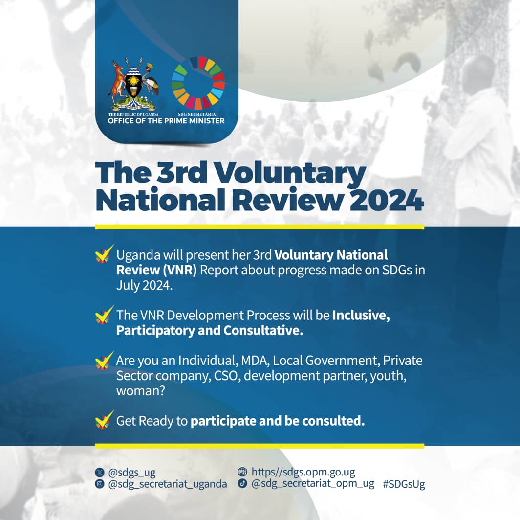 As Uganda prepares to present the 3rd Voluntary National review Report in July, kindly share feedback on SDGs progress, progress and impact. 
Participate in the VNR survey  🔗 surl.li/shmzq 
#LeavingNoOneBehind #Ug3rdVNR2024 @sdgs_ug @OPMUganda @GovUganda