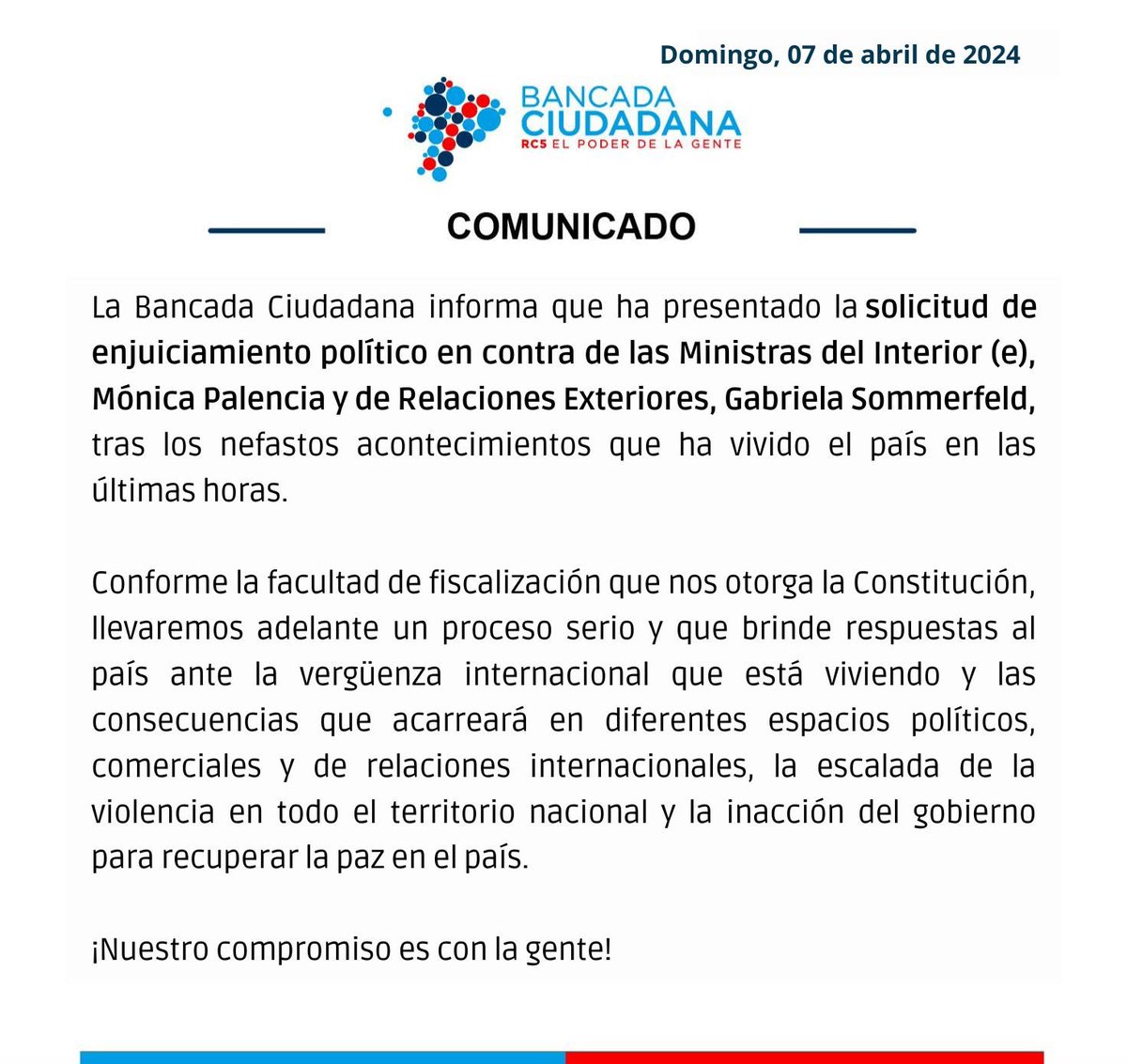 🔴 COMUNICADO 🔴

#FiscalizaciónBancadaCiudadana