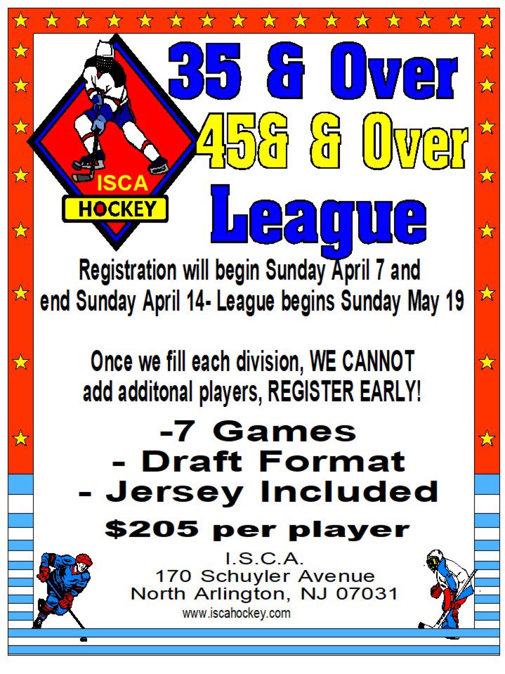 35&o, 45&o just about filled up for Summer league start in May!! 

League dates of play (45&over May 5,18, June 2,9,16,22,23,30)  (35&over May 19,June 2,9,16,22,23,30)

Last chance to register MONDAY April 8!  Email us to get in iscahockeyna@gmail.com  

Registration closes today