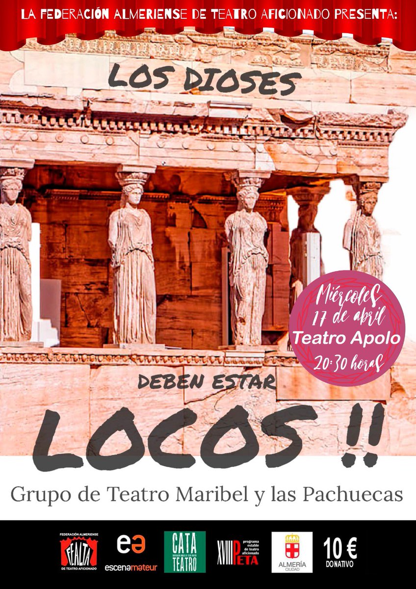 El próximo miércoles 17 de Abril, la compañía "Maribel y las Pachuecas" estarán en el escenario del Teatro Apolo dentro del XVIII PETA.

flowte.me/storefront/alm…

¡Os esperamos!

<a href="/DiarioDAlmeria/">Diario de Almería</a> <a href="/almeriaahora/">Almería Ahora</a> <a href="/aytoalm/">Ayuntamiento de Almería</a> <a href="/CulturaAlmeria/">TurismoCulturaDeporteAlmería</a>