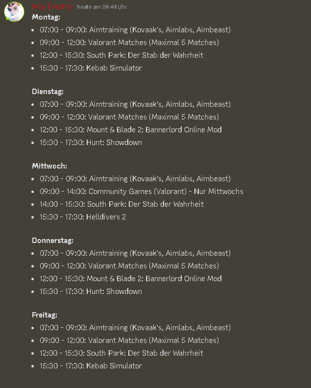 marcyoriginal's tweet image. neue woche, neuer plan! regelmäßiger aimtrain, geschnacke und 3-5 valorant games stehen an. außerdem: south park: der stab der wahrheit und der kebab simulator?! XD 

TTV/MarcyMcWhy

#Twitch #Aimtrain #Valorant #SouthPark #KebabSimulator