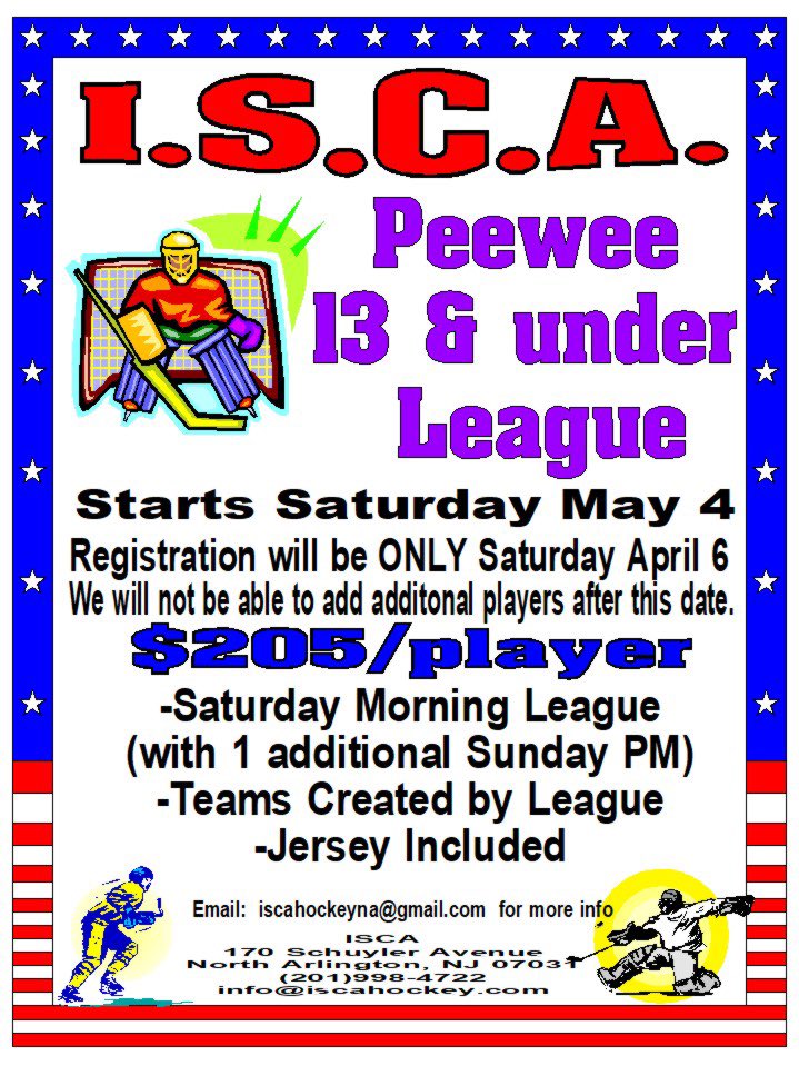 13&under Summer league ALMOST FULL!  registration will close today, Monday April 8!  Last chance to get in, please email us iscahockeyna@gmail.com  Dates of play will be May 4, 11,18, June 1,8,15,16,22,29!