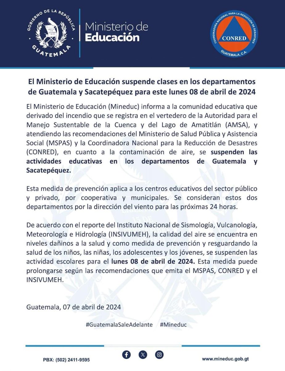 🚨 El #Mineduc suspende clases en los departamentos de Guatemala y Sacatepéquez para este lunes 08 de abril de 2024.