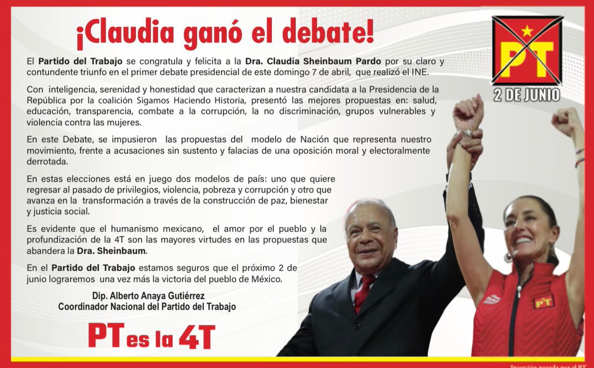 #ComunicadoPT #PT #DebateINE

¡CLAUDIA GANÓ EL DEBATE! <a href="/Claudiashein/">Claudia Sheinbaum Pardo</a> <a href="/AsaelSepulveda/">Asael Sepulveda M.</a> <a href="/AlbertoAnayaGt/">Alberto Anaya Gtz</a> <a href="/PTnacionalMX/">Partido del Trabajo México</a>