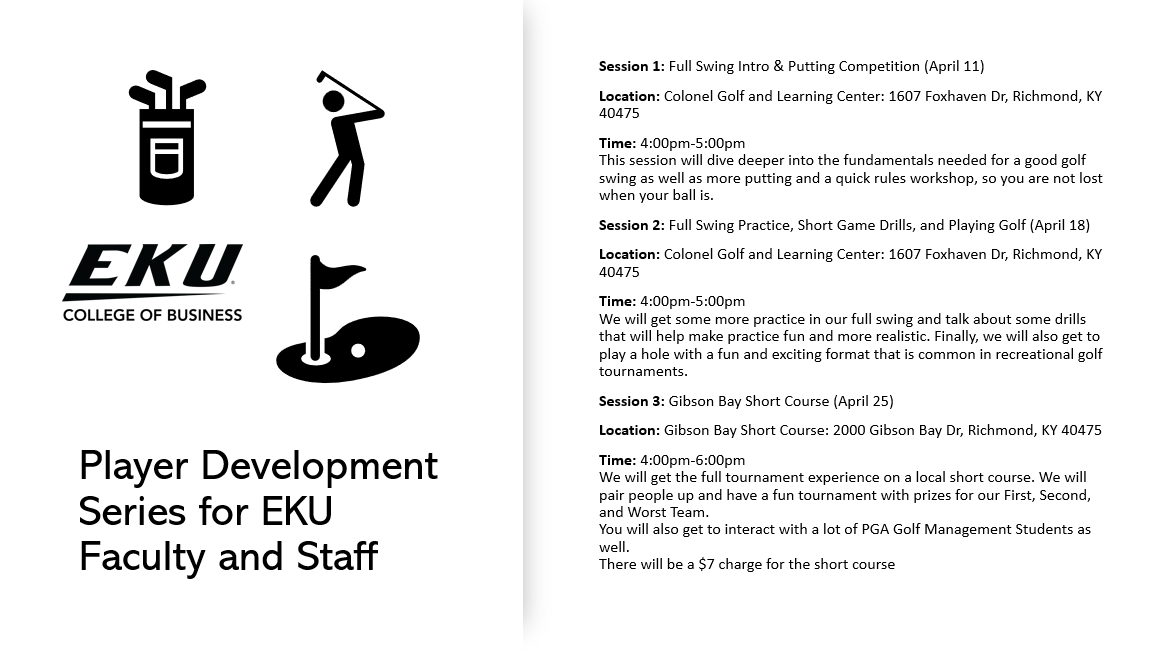 Calling all @eku & @EKUOnline Faculty & Staff! Looking to get into golf or improve your golf game? Take advantage of the FREE golf lessons as part of the @EKU_PGM Player Development Series. Email Joshua Wallin to sign up today at joshua.wallin@eku.edu! #Golf #Golfing #GolfLessons