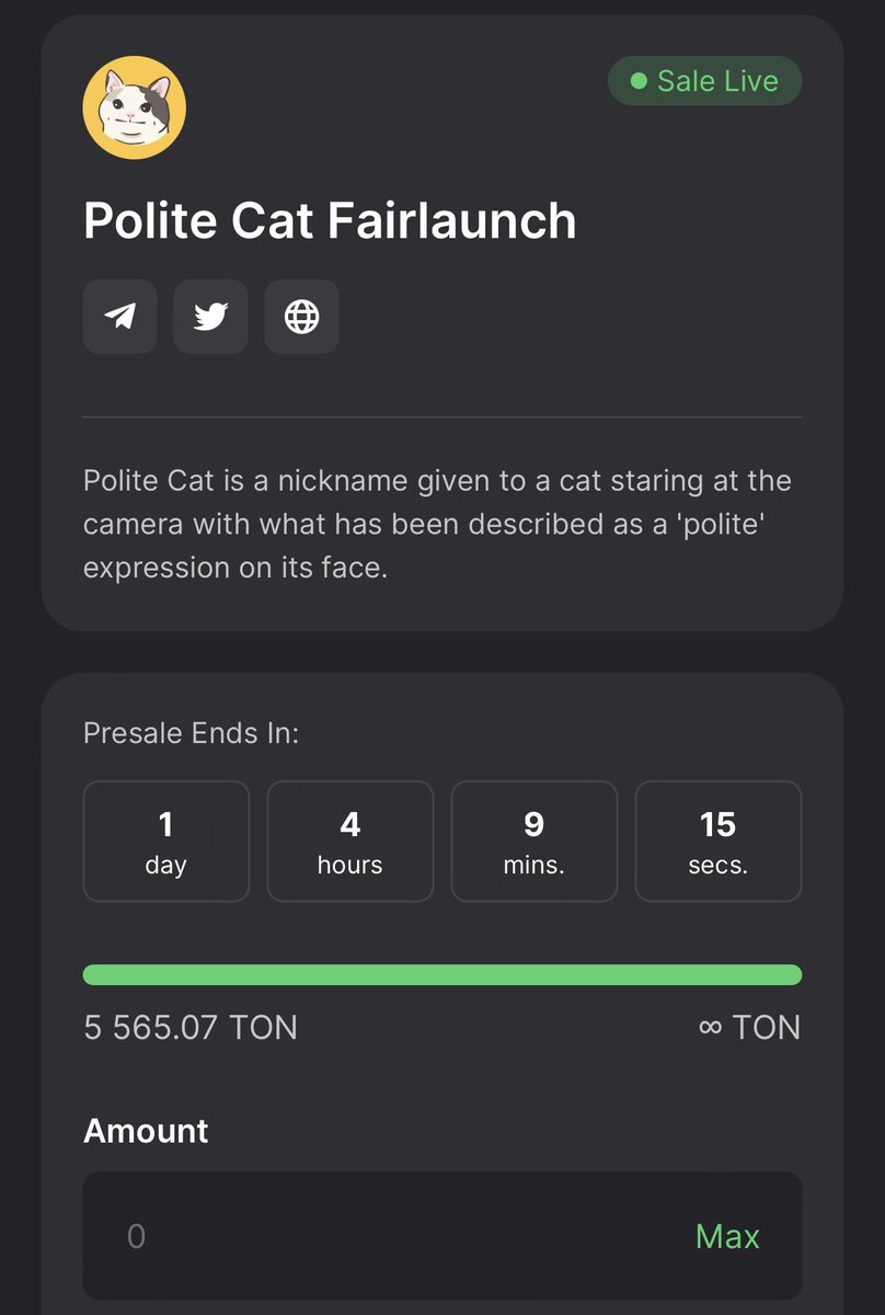 Polite Cat (@politecat_ton) on Twitter photo 🔥Hot! Only 1 day left for you to join our Fairlaunch!🔥
🎉The countdown to the start of a brand-new cryptocurrency era is beginning!
🌟Have you joined us yet?
✅Get on board now: tonraffles.app/jetton/fairlau…
#Pocat #PoliteCat #fairlaunch <a href="/TonRaffles/">TonRaffles</a> 🔥Hot! Only 1 day left for you to join our Fairlaunch!🔥
🎉The countdown to the start of a brand-new cryptocurrency era is beginning!
🌟Have you joined us yet?
✅Get on board now: tonraffles.app/jetton/fairlau…
#Pocat #PoliteCat #fairlaunch <a href="/TonRaffles/">TonRaffles</a>
