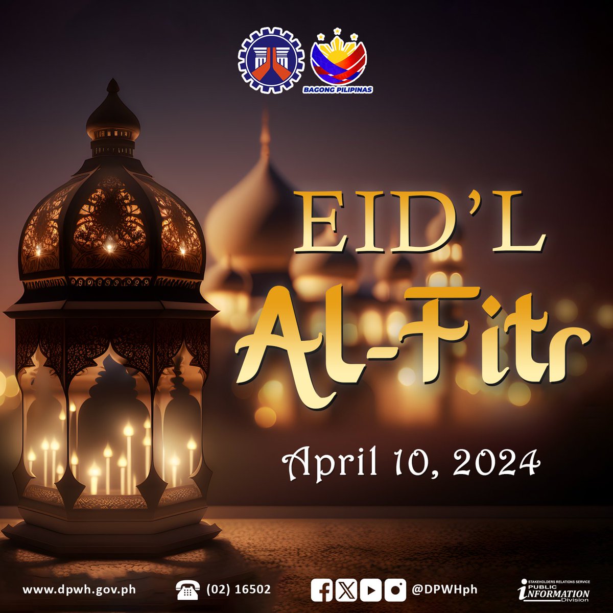 The DPWH joins our Muslim brothers and sisters in celebrating Eid’l Fitr, marking the end of Ramadan. We wish you peace, blessings, and prosperity as we conclude this sacred month of devotion and fasting. Eid Mubarak! #DPWH #EidlFitr