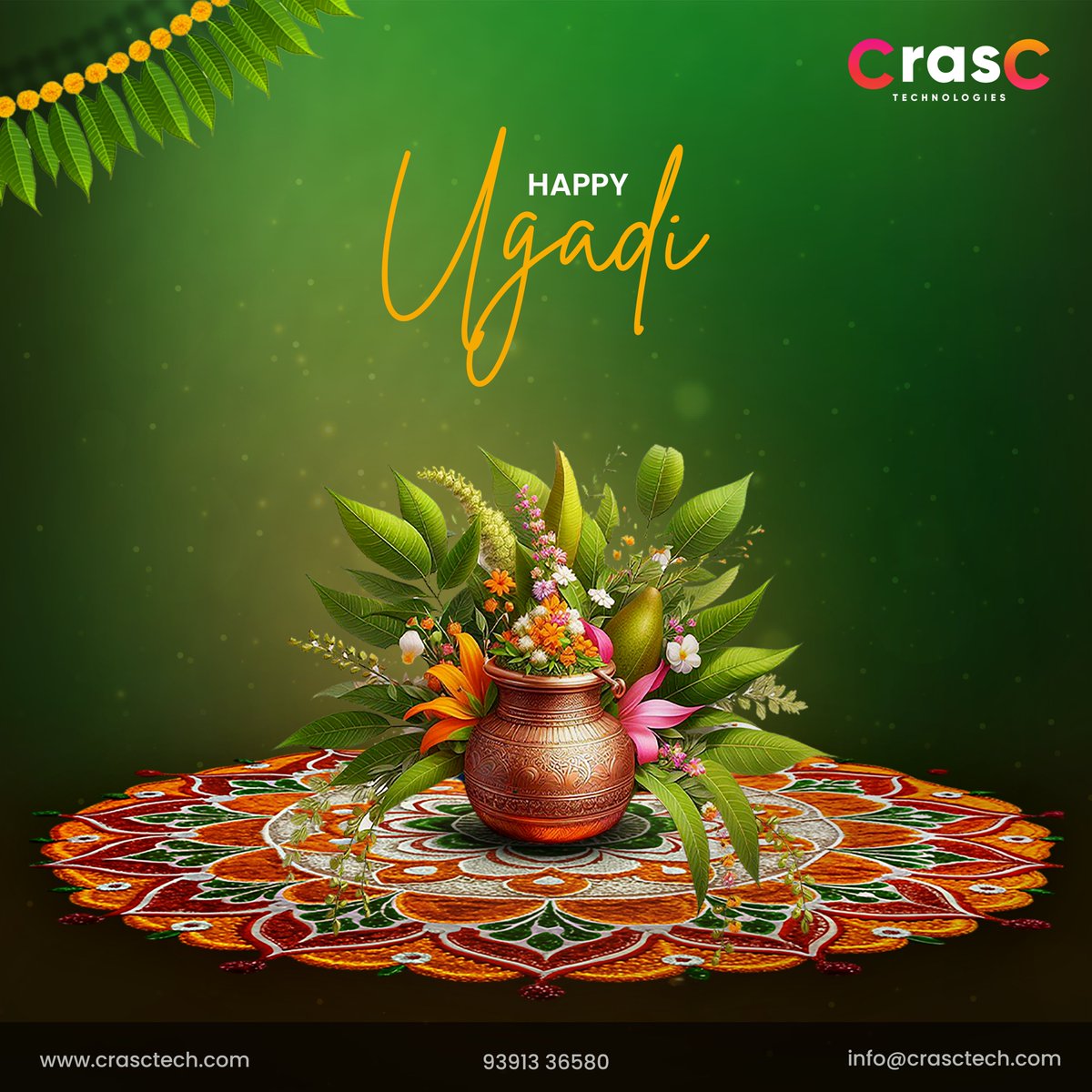 🌼 Sending warm wishes to Crasctech on this auspicious occasion of Ugadi!🌿 🎊 May your year be filled with blessings and positivity. 😇 #crasctech #digitalmarketing #socialmediamarketing #Ugadi #HappyUgadi #2024festival #joyness #aupiciousoccasion #festival #festivalvibes