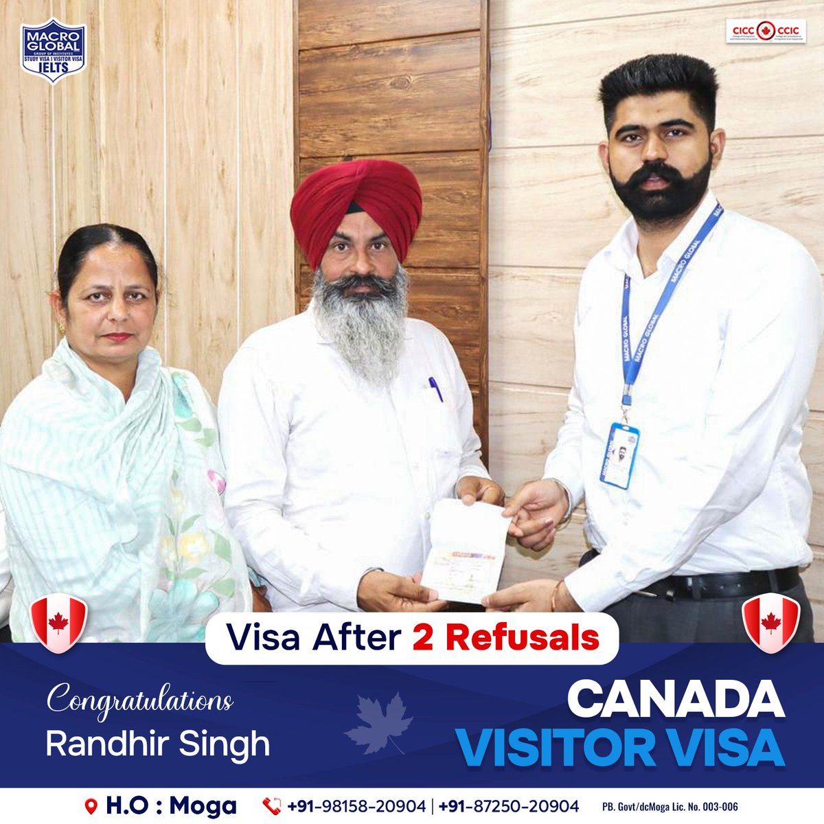 The third time's the charm for Randhir Singh! 🇨🇦 His Canada Visitor Visa application was finally approved.

#MacroGlobal #GurmilapSinghDalla #Canada #Canadastudyvisa #canadaopenworkpermit #spousevisa #Visitorvisa #Visa #IELTS #EnrollNow #Immigration #immigrationlawyer #Moga