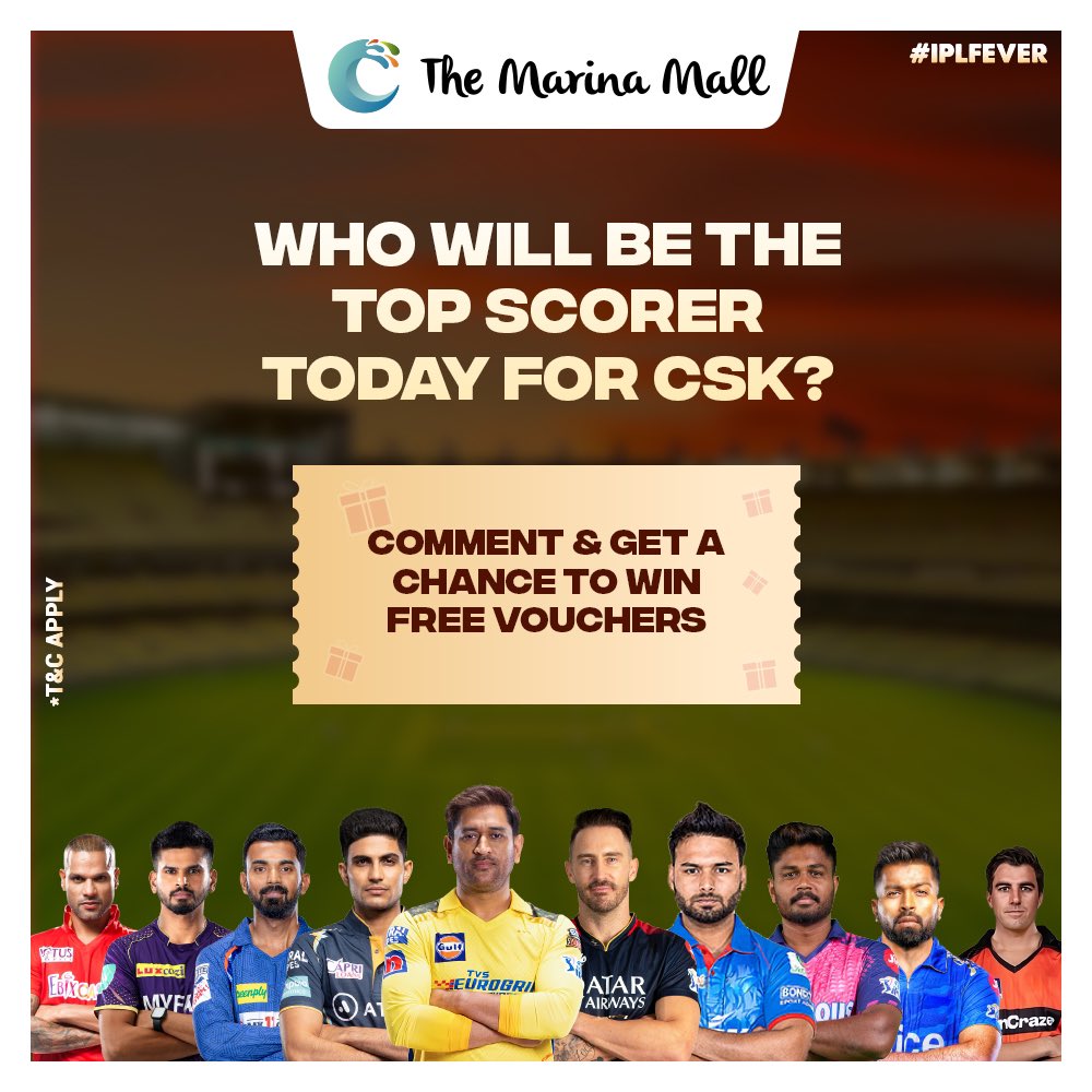 (On Instagram) Predict in the comments section below & get a chance to win free vouchers from The Marina Mall 🏏

⏰ Hurry, top 3 win! 
T&C apply*

📍The Marina Mall, OMR

#themarinamall #marinamall #ipl #livescreening #liveipl #omr #livescreen #chennai #nammachennai