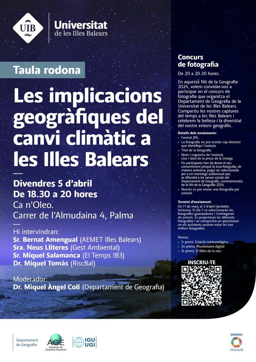 GeografiaUIB's tweet photo. Aquest divendres 5 d'abril @GeografiaUIB ha celebrat la #GeoNight. Geògrafs especialistes en canvi climàtic han debatut del paper de la disciplina en l'anàlisi i solucions territorials
@AEMET_Baleares @nlliteras @mauriciruiz  @miqueltomasb baix la moderació de @Geotur_Balears https://t.co/hPcaluo5aJ