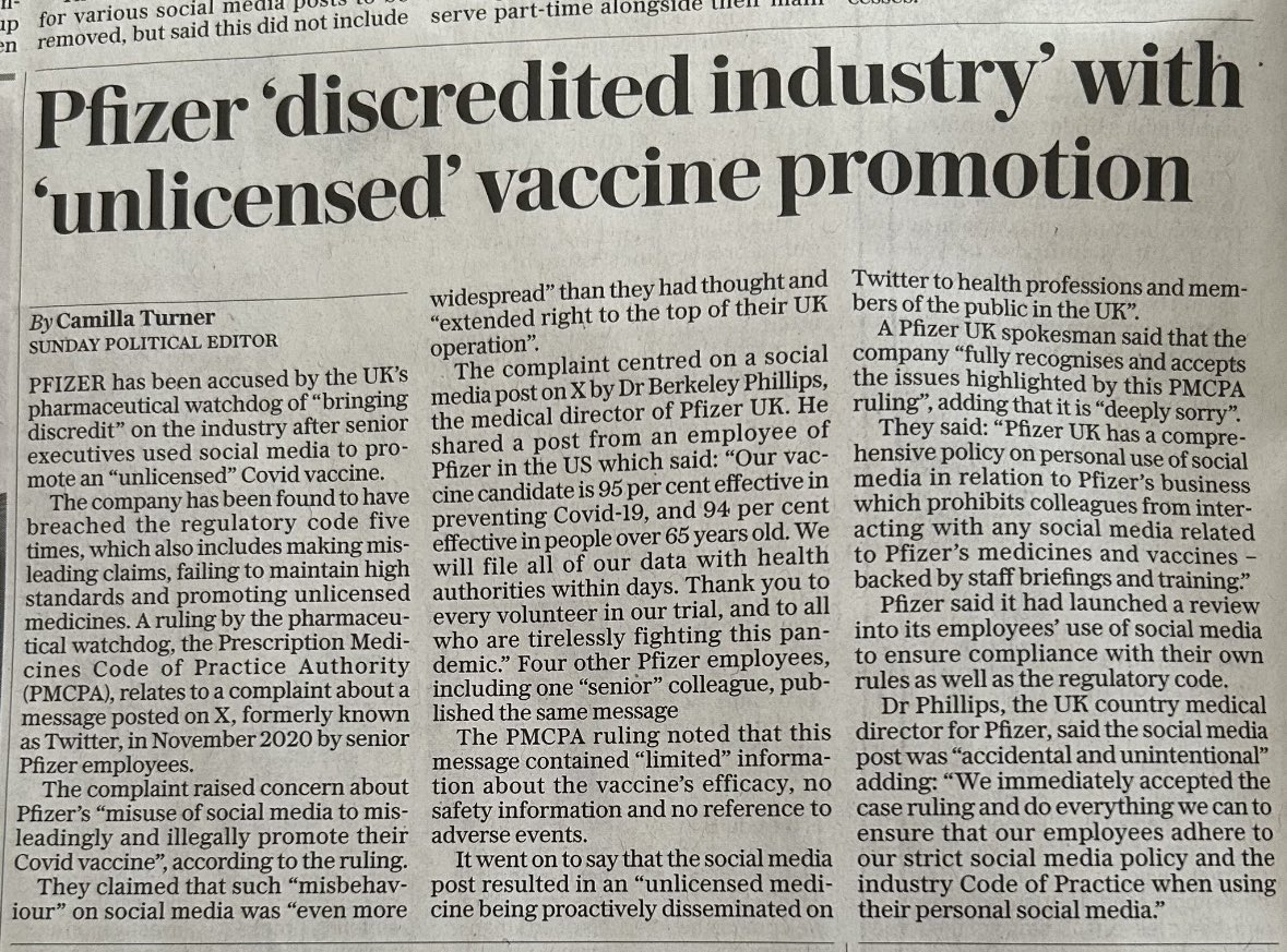 Pfizer has been found by the UK’s pharmaceutical watchdog to have “breached the regulatory code” five times and “brought discredit on the pharmaceutical industry.” - Sunday Telegraph, 6th April 2024 - Do people still believe that we were right to coerce citizens into injecting…