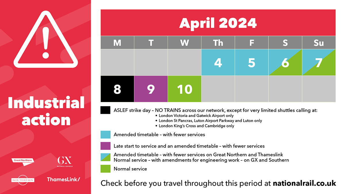 📢 Industrial action Today, 8 April: NO TRAINS, on the vast majority of the network. Tomorrow, 9 April: Late start up & amended timetable with fewer services 📲 Check before you travel, nationalrail.co.uk