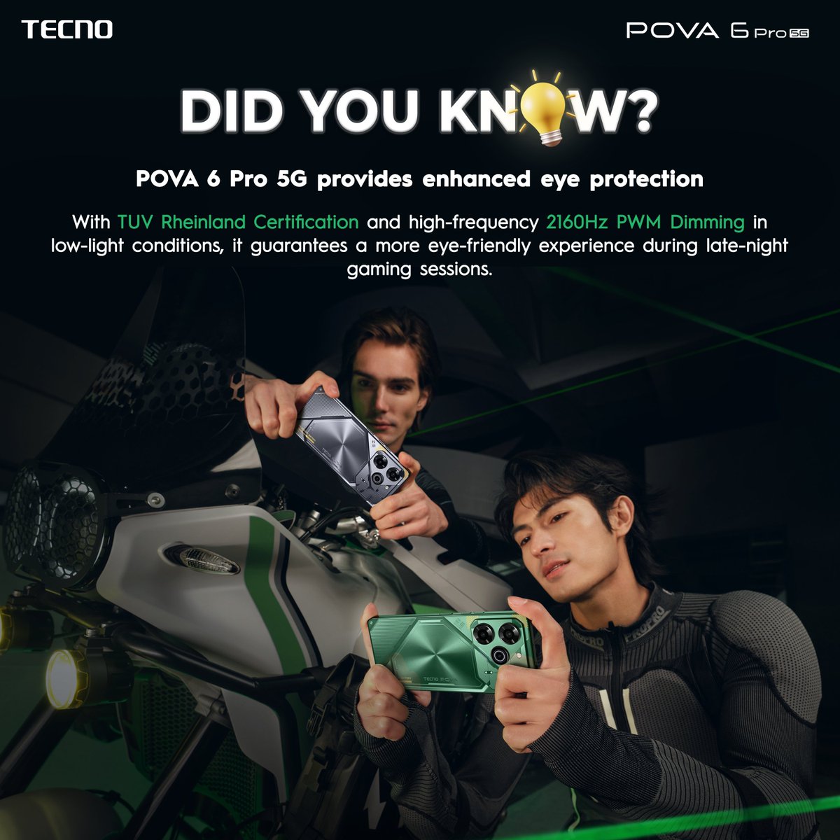 Enjoy a more eye-friendly gaming experience with the TECNO #POVA6Pro5G, which features TUV Rheinland Certification and high-frequency 2160Hz PWM Dimming in low-light conditions.  #TECNOPOVA6Pro5G #TECNOPOVA6Series #LimitlessPerformance #TECNOPhilippines