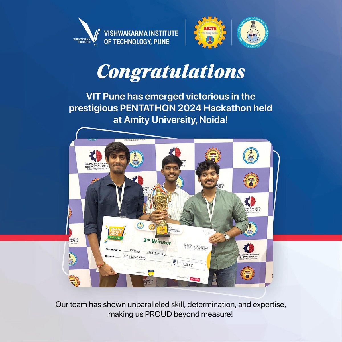 Congratulations!

VIT Pune has emerged victorious in the prestigious PENTATHON 2024 Hackathon held at Amity University, Noida! 

#VITPune #PENTATHON2024 #HackathonVictory #AmityUniversity #Noida #TechTriumph #VictoriousVIT #HackathonWin #InnovationChampions #TechCompetition