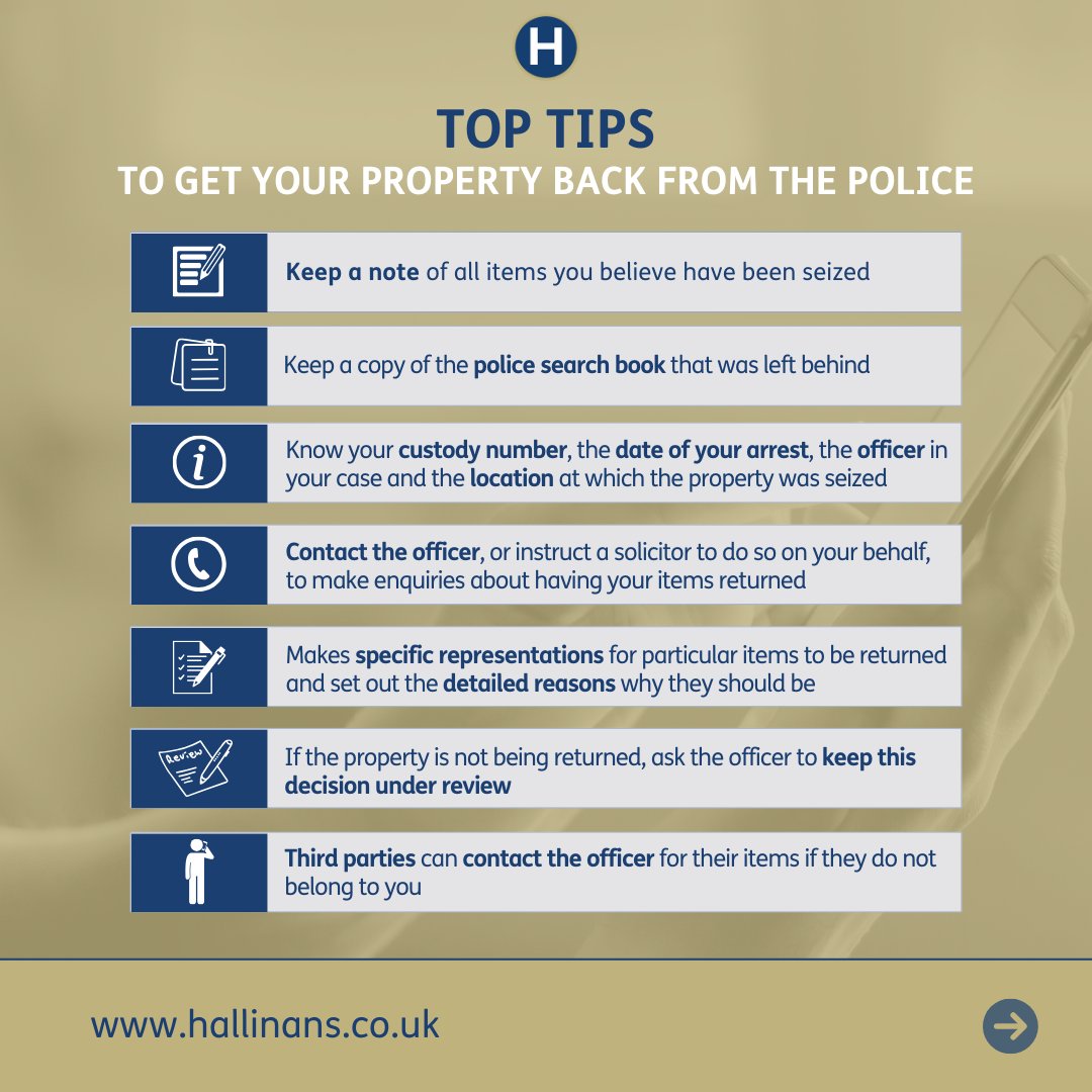 How do I get my property back from the police? 🤔

Read our latest article for our top tips! 

hallinans.co.uk/post/how-do-i-…

#Hallinans #KnowYourRights #PropertyRecovery