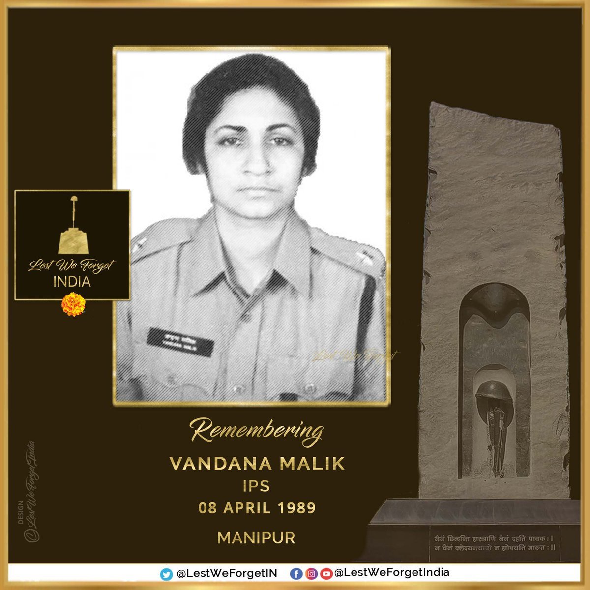 #LestWeForgetIndia🇮🇳 Vandana Malik, #IndianPoliceService, made the supreme sacrifice along with her driver & gunman, #OnThisDay 08 April in 1989, near Western College, a #Imphal West, Manipur- in an ambush by extremists Remember the valiant #IndianBraves in Khaki & their service…
