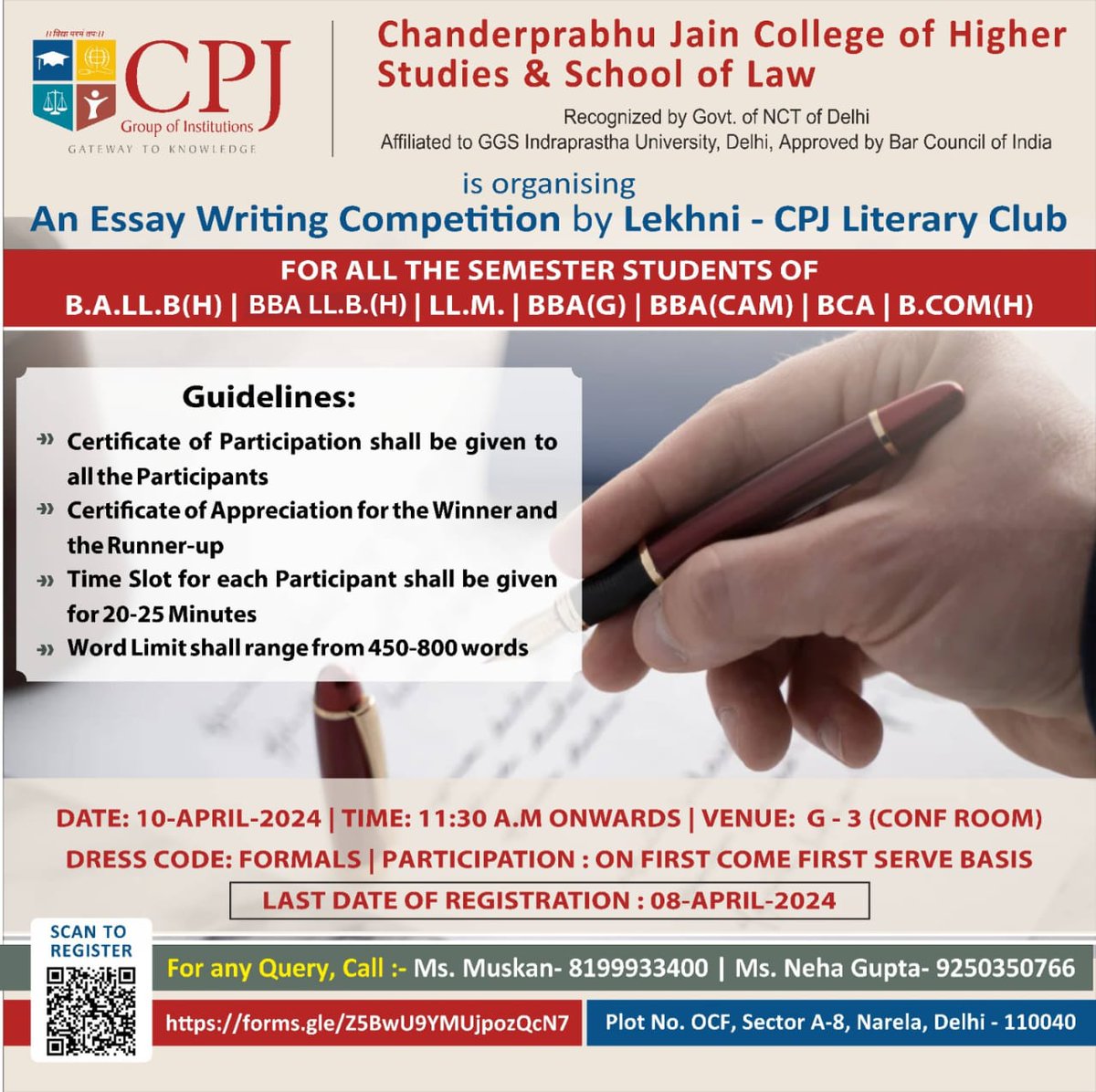 📢 Exciting News! 📝

✨ Join us at CPJ College for an enriching Essay Writing Competition organized by Lekhni - CPJ Literary Club! 

🎓✍️ Calling all Semester Students of B.A.LL.B(H), BBA LL.B(H), LL.M., BBA(G), BCA, BBA(CAM), B.COM(H) !

#EssayCompetition