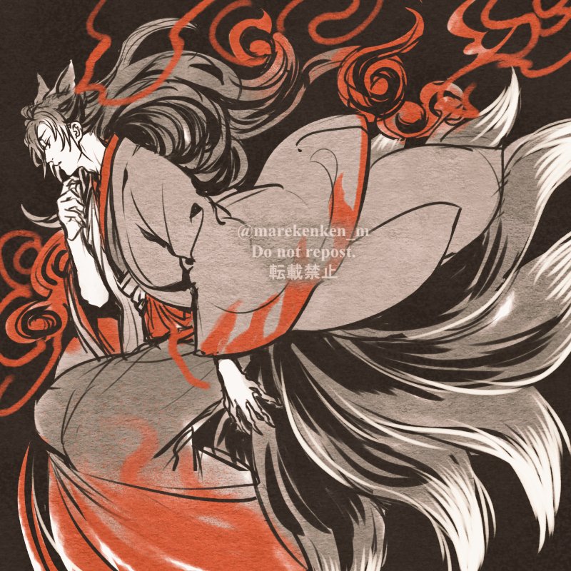 solo long hair long sleeves 1boy animal ears very long hair tail  illustration images