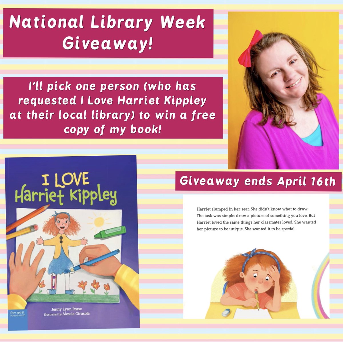 I’m giving away a copy of I Love Harriet Kippley to celebrate National Library week! To enter… 1. Rt this post 2. Request the book at one of your local libraries. 3. Comment or dm to tell me you requested the book. Sorry. US only. Good luck😊 @FreeSpiritBooks @tcmpub