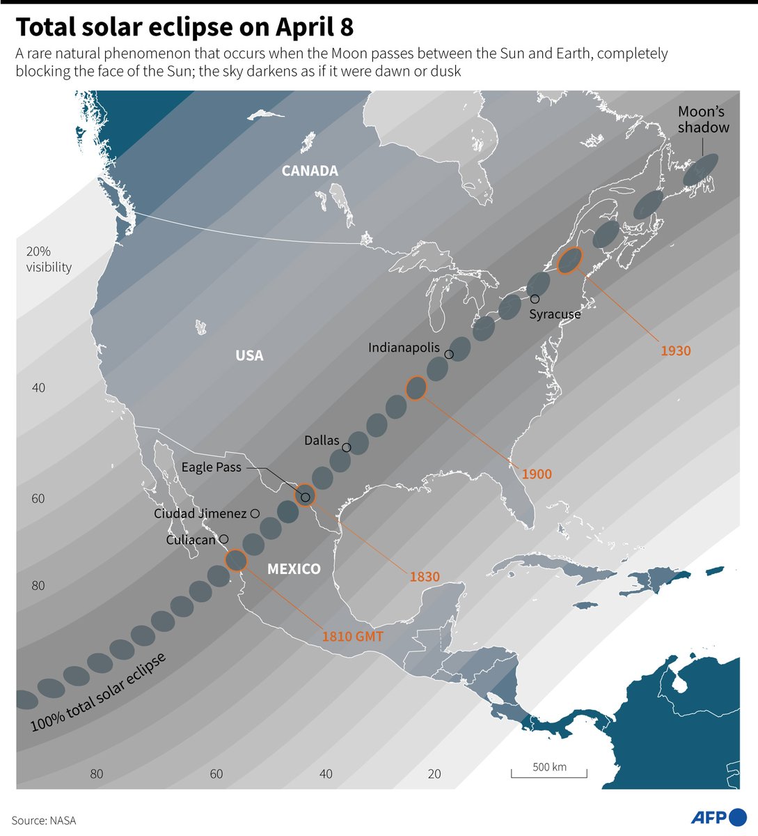 Total solar eclipse on April 8. #AFPGraphics map showing the areas ...
