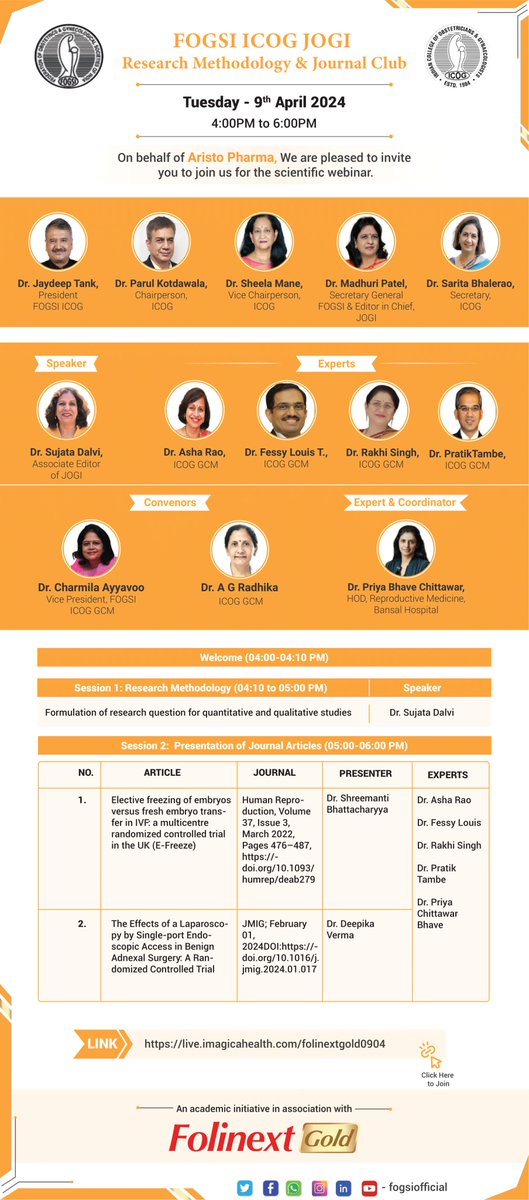 Join us for an enlightening session on Research Methodology & Journal Club, hosted by FOGSI ICOG JOGI. Explore the latest insights and advancements in gynecology and obstetrics with fellow FOGSIans and ICOG members. Mark your calendars for Tuesday, 9th April 2024, from 4:00 PM to