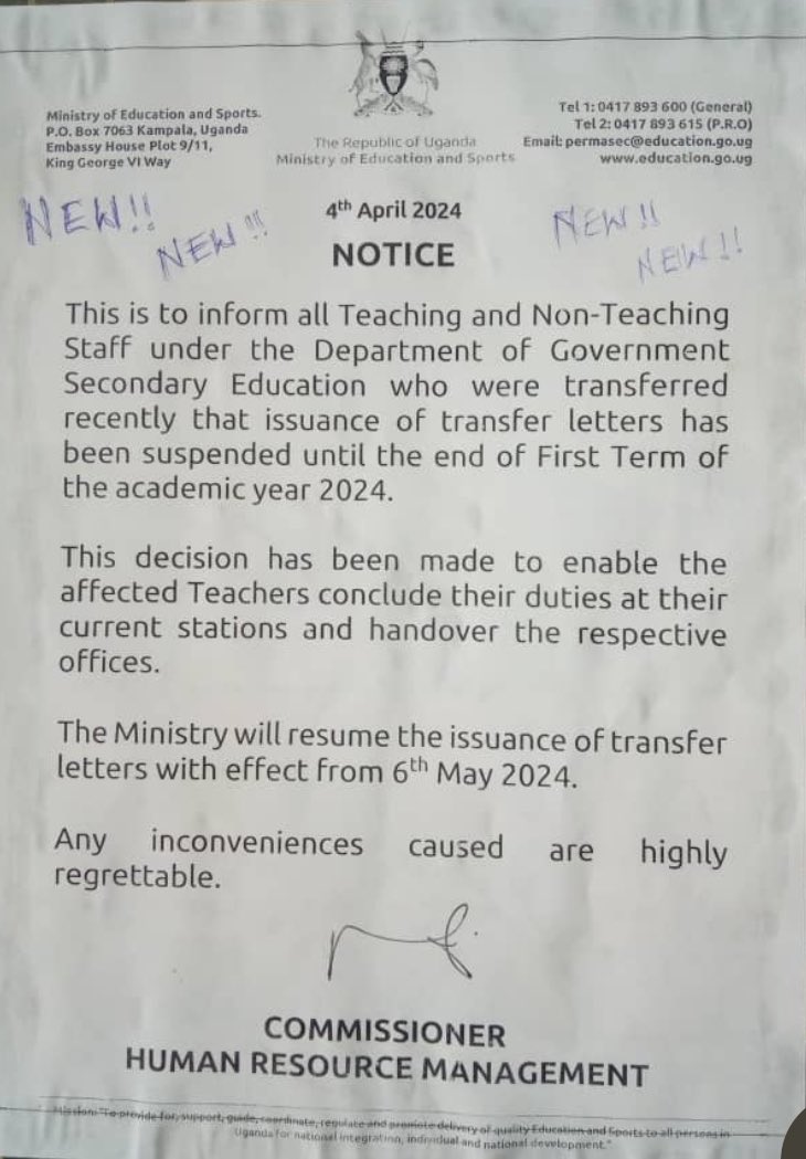 #IssuanceOfTransferLetters @Educ_SportsUg has SUSPENDED issuance of transfer letters for newly transferred teaching and non-teaching staff until 06th May 2024 so as NOT to interfere with end of 1st Term learning activities in affected Schools.