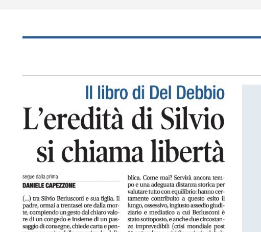 Ecco la prima di oggi di @Libero_official . Mio commento. Da domani in libreria il saggio di Paolo Del Debbio sul Cav, su Fi e sul programma liberale del 1994. Perché quelle idee servirebbero oggi come e più di allora  al centrodestra.