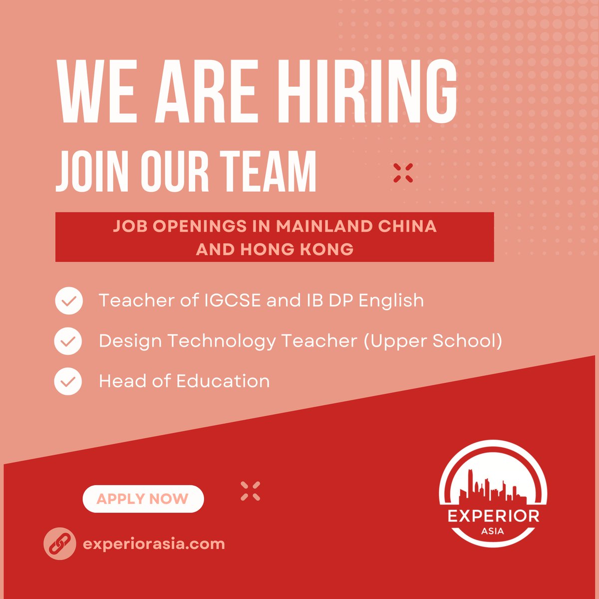 🌟 Exciting news! We're hiring for multiple education positions in both mainland China and Hong Kong. Visit our website today to see all of our job openings and apply now! 🇨🇳🇭🇰 

#jobopportunities #teachabroad #vacancy #internationalopportunities