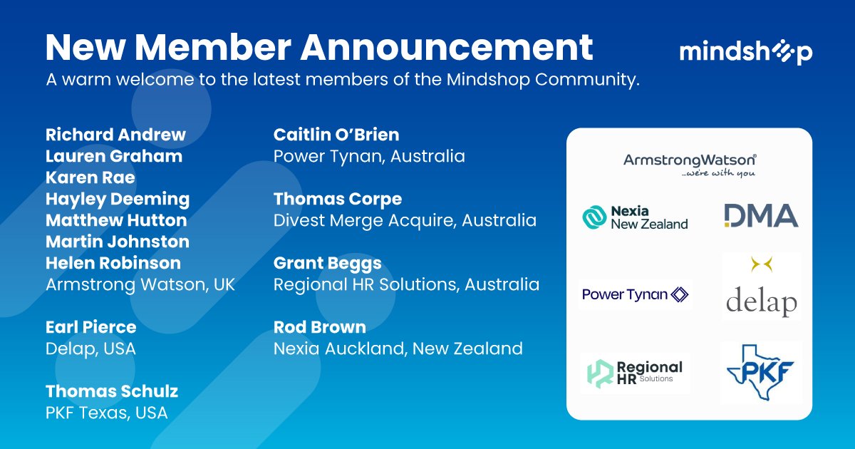 Welcome to Mindshop's community!

UK
Richard Andrew
Lauren Graham 
Karen Rae
Hayley Deeming
Matthew Hutton
Martin Johnston
Helen Robinson

US
Earl Pierce
Thomas Schulz 

AU NZ
Caitlin O’Brien
Thomas Corpe
Grant Beggs
Rod Brown

#businessadvisors #problemsolvers #themindshopway