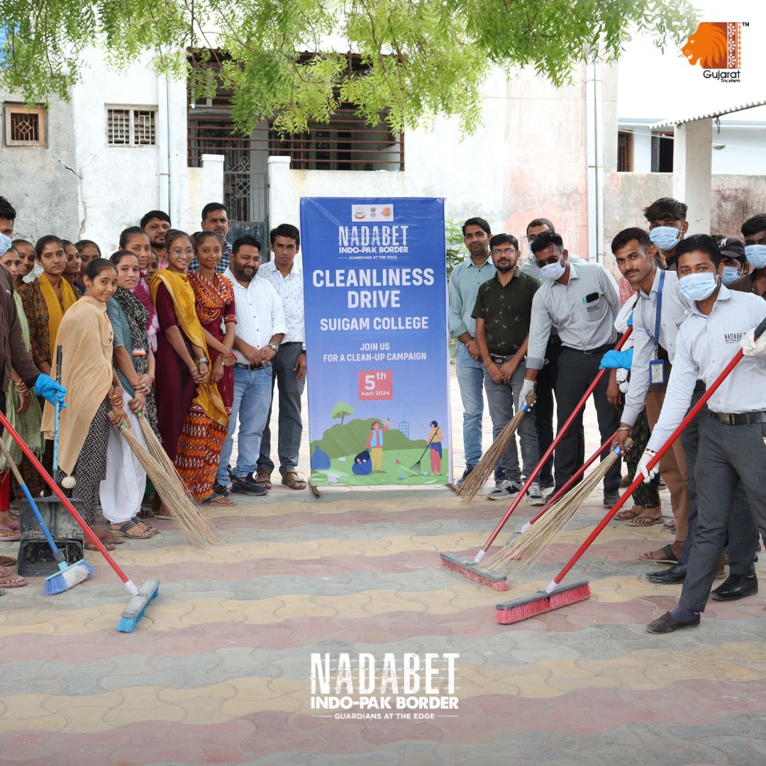 A cleanliness drive took place at the Nadabet Indo-Pak Border, where volunteers joined forces to clean up litter and plant trees on the grounds of #Suigam College
         
#visitnadabet #eventsatnadabet #events #cleanliness #cleanlinessdrive #border #gujarattourism