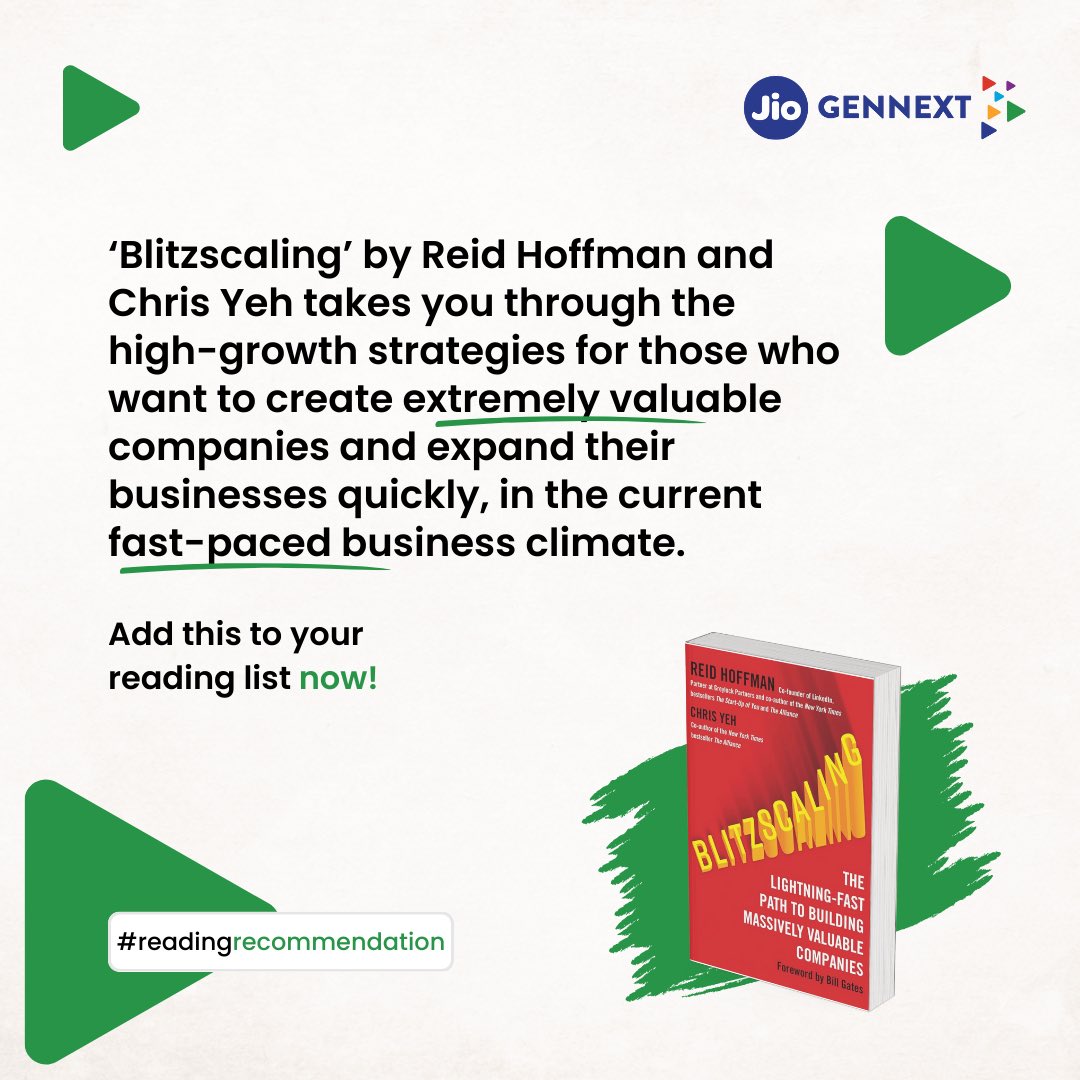 In today's fast-paced business world, the need to build massively valuable companies has become inevitable. 'Blitzscaling' provides valuable insights into the challenges and opportunities associated with rapid growth, making it a must-read for entrepreneurs. #JioGenNext