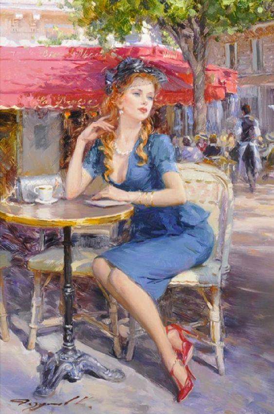Carl_CE50's tweet image. Konstantin Razumov (1974 ) Russian. "Parisian Beauty", A Lady in a Blue Dress sitting outside a Caf