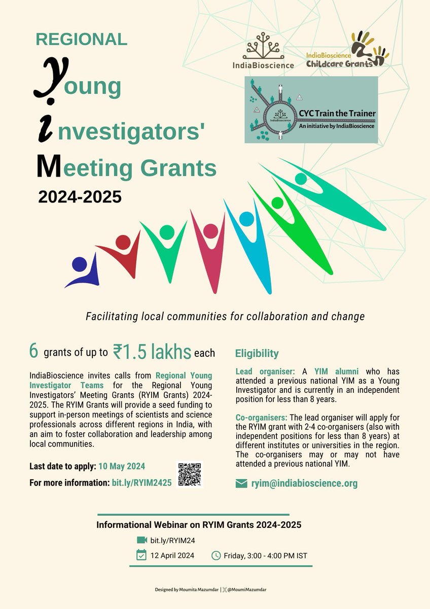 IndiaBioscience is excited to announce the Regional Young Investigators’ Meeting Grants (RYIM) 2024-2025! 🎉 👉 More details: bit.ly/RYIM2425 ⌛ Last date: 10 May 2024 (11:59 p.m. IST)