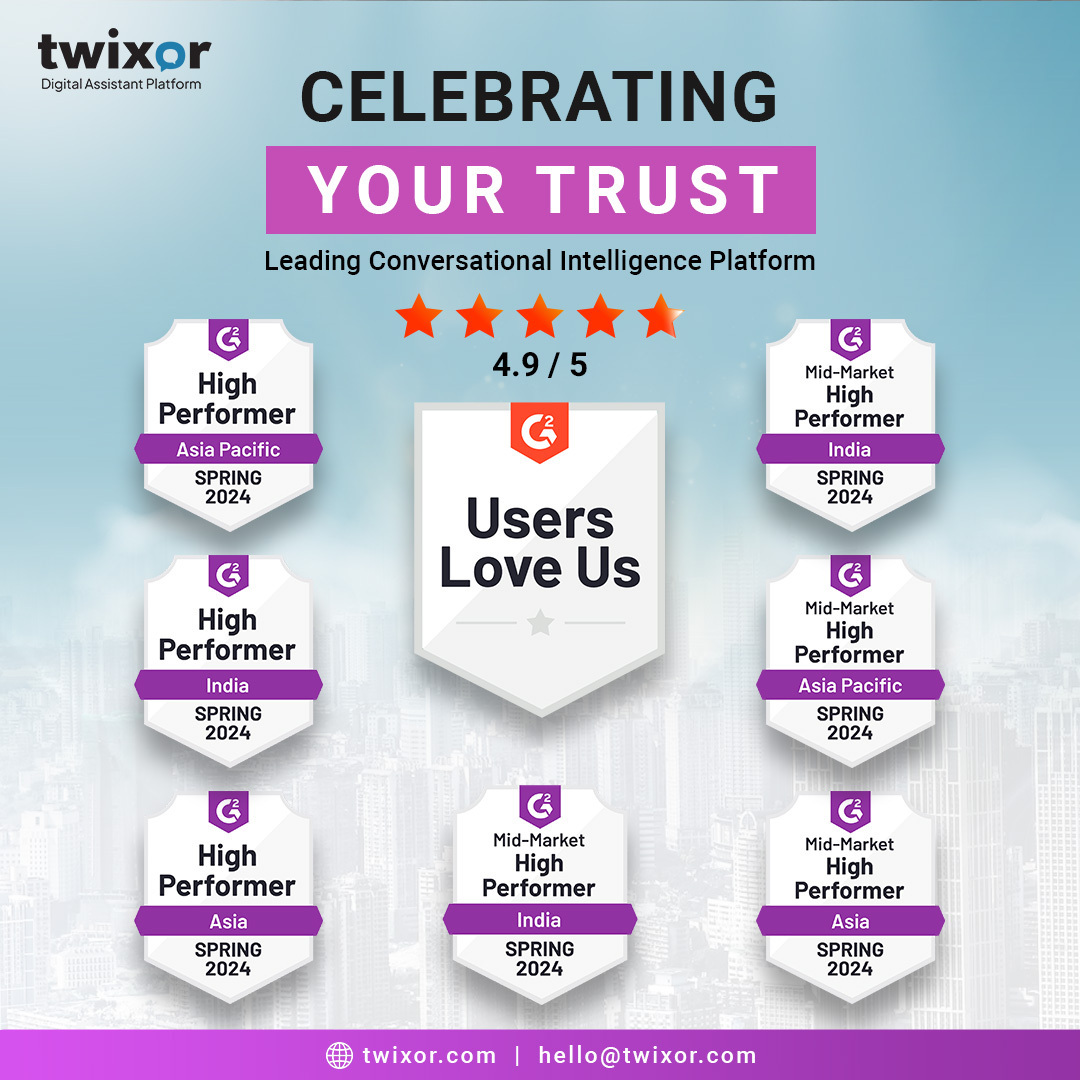 Exciting News: Twixor wins 8 G2 High Performer Badges in Conversational Intelligence. A big thank you to our valued customers for trusting us! 
#Twixor #G2Badges #CustomerStories #CXAutomation #ConversationalAI