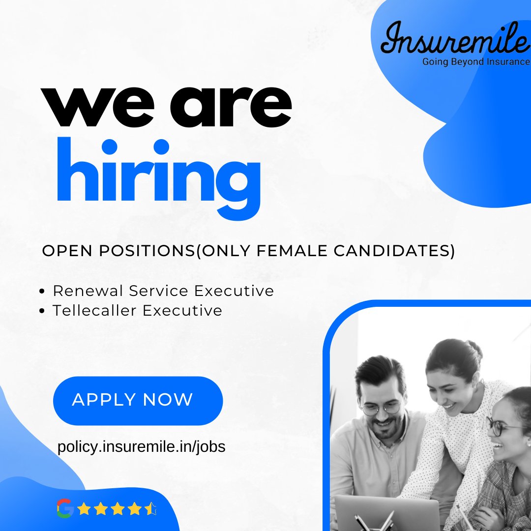 EmpoweringWomen: We're hiring female Renewal Service and Telecaller Executives! Work from home with flexible hours and up to ₹25,000/month. 

Apply now :policy.insuremile.in/jobs

#WomenInBusiness #WorkFromHome #HiringNow #RenewalServiceExecutive #Empowerment