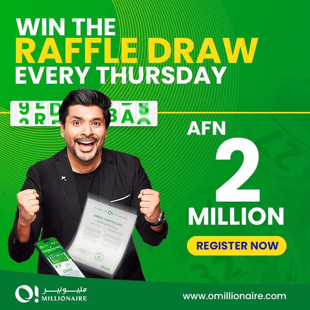 Wanna win over AFN 2 Million or 4 Billion? 💰 Join #Omillionaire Draw every Thursday for only AFN 500!

Try your luck today! 📲 Register for FREE at omillionaire.com and play your 7 LUCKY NUMBERS today!

Win Your Best Life 💚
omillionaire.com

#OMillionaire…