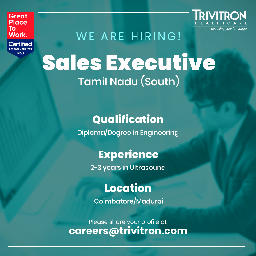Trivitron Healthcare is looking for a dynamic Sales Executive in Coimbatore/Madurai Are you skilled in Ultrasound Application with a diploma or degree in Engineering? With 2-3 years of experience, you could be the perfect fit for our dynamic team. Send your profile to…